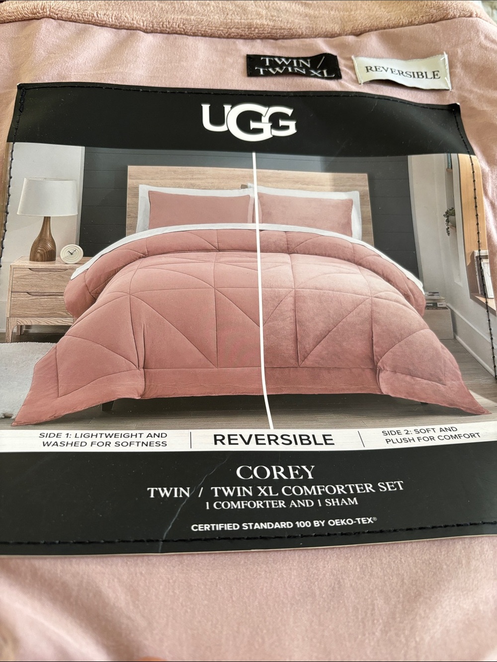 Dorm Set UGG Corey Reversible Comforter Set in Blush & Sheets